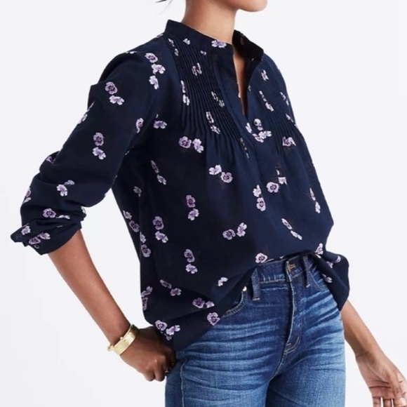 Madewell Tops - Madewell Floral Pintuck Long Sleeve Blouse Navy Pink Size S